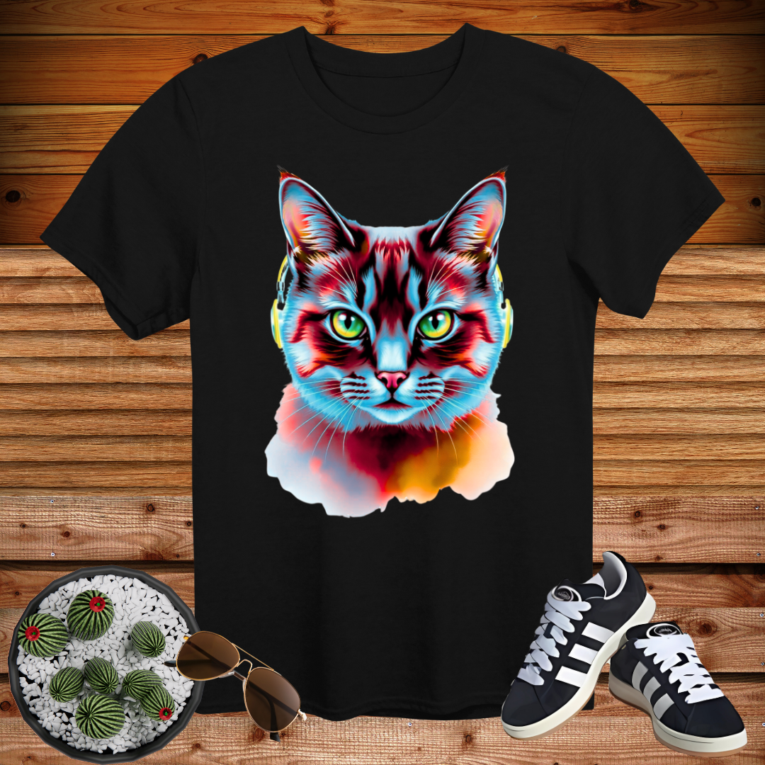 🔥 Neon Cyber Cat Vibes – Cool Headphone Kitty T-Shirt