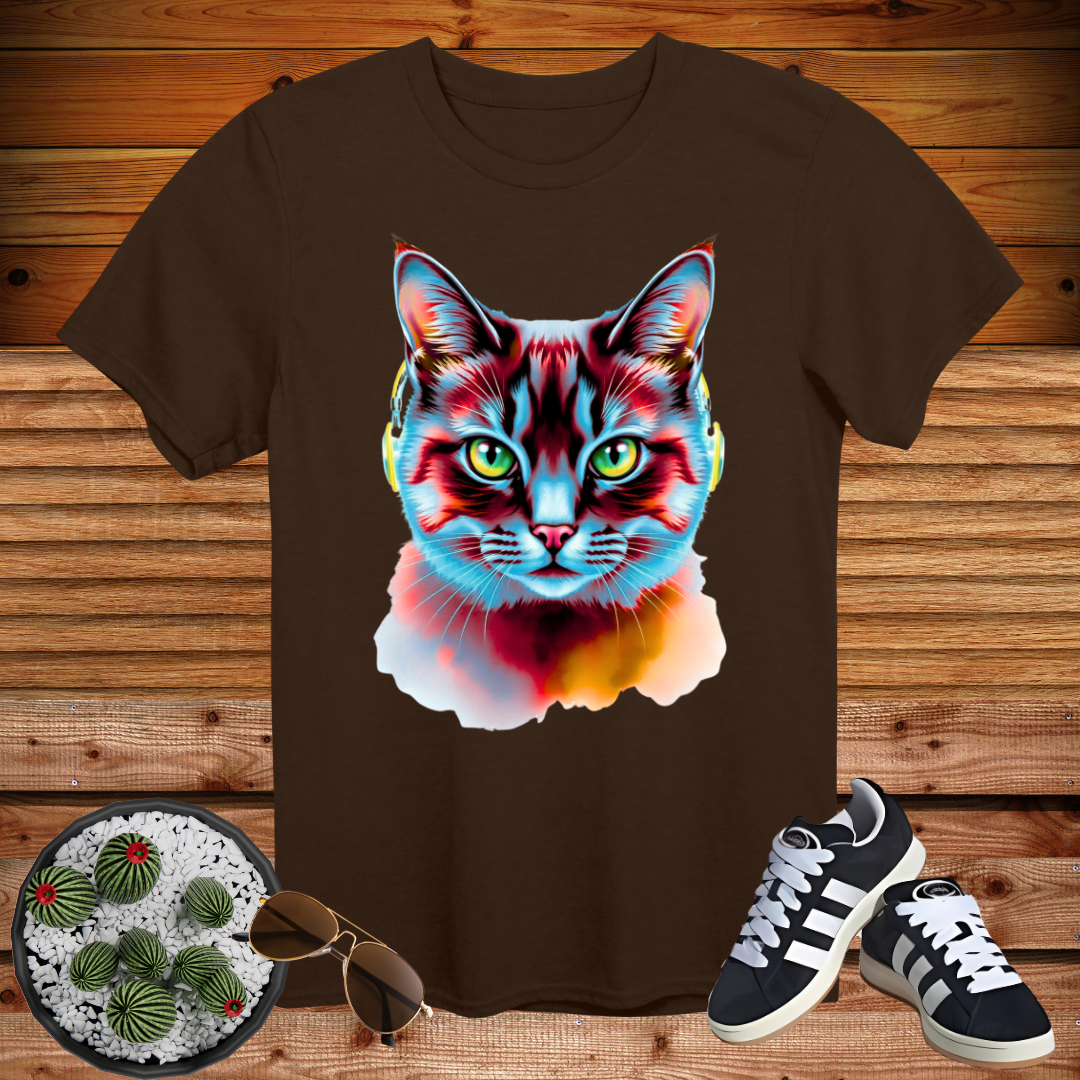 🔥 Neon Cyber Cat Vibes – Cool Headphone Kitty T-Shirt