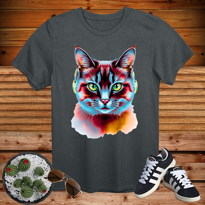 🔥 Neon Cyber Cat Vibes – Cool Headphone Kitty T-Shirt