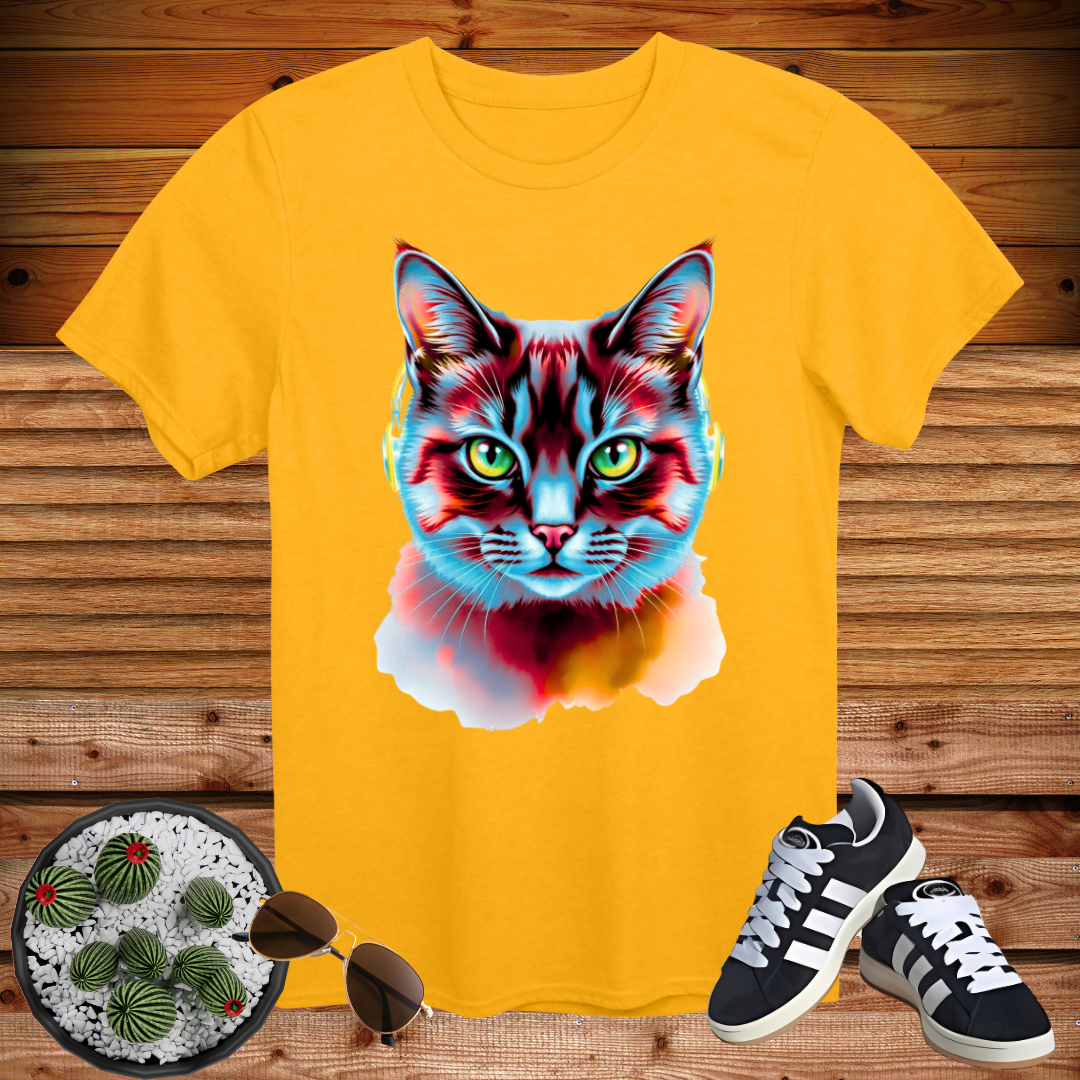 🔥 Neon Cyber Cat Vibes – Cool Headphone Kitty T-Shirt