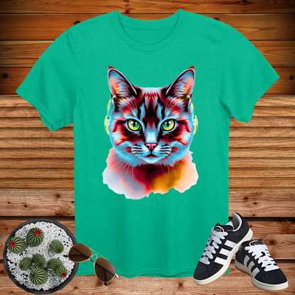 🔥 Neon Cyber Cat Vibes – Cool Headphone Kitty T-Shirt