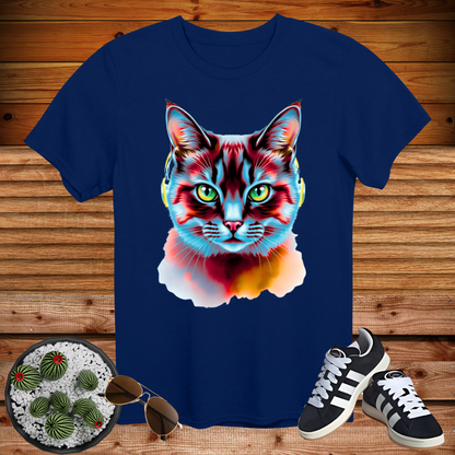 🔥 Neon Cyber Cat Vibes – Cool Headphone Kitty T-Shirt