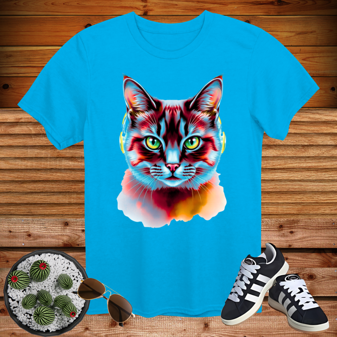 🔥 Neon Cyber Cat Vibes – Cool Headphone Kitty T-Shirt