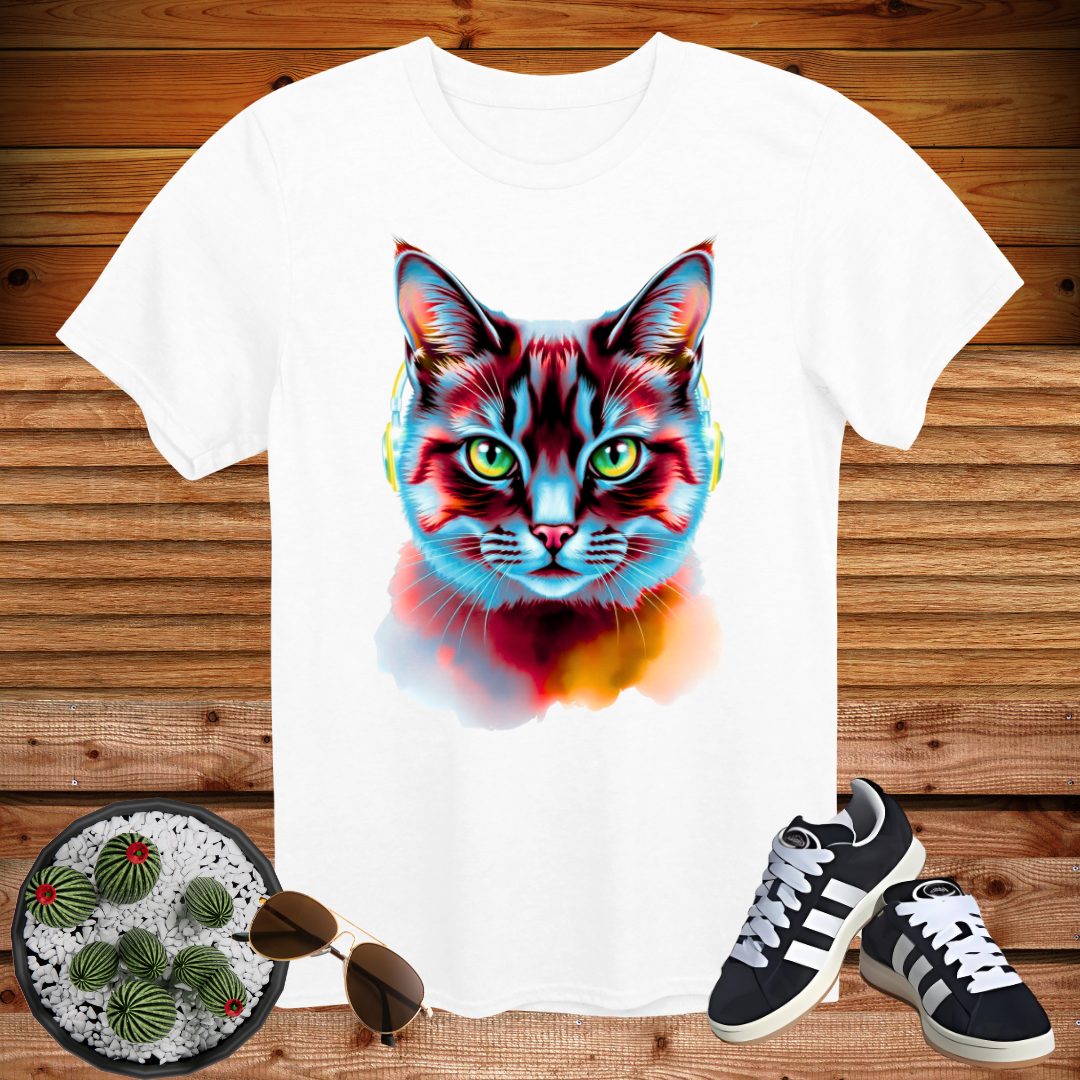 🔥 Neon Cyber Cat Vibes – Cool Headphone Kitty T-Shirt